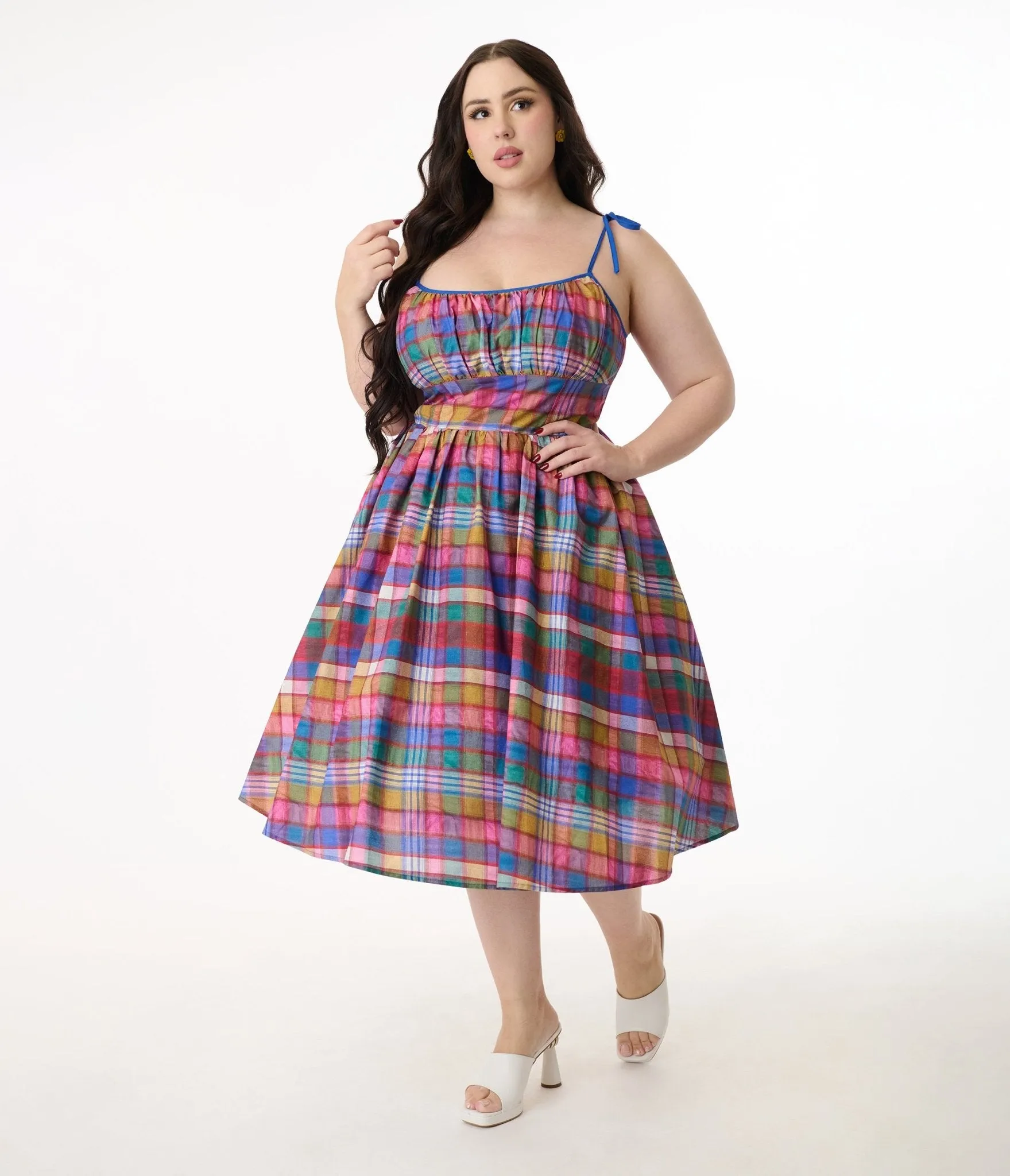 Unique Vintage Plus Size 1950s Multicolor Plaid Sleeveless Cotton Swing Dress Casual Everyday Look