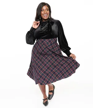 Unique Vintage Plus Size 1950s Navy & Green Plaid High Waist Vivien Swing Skirt Comfortable Travel Wear