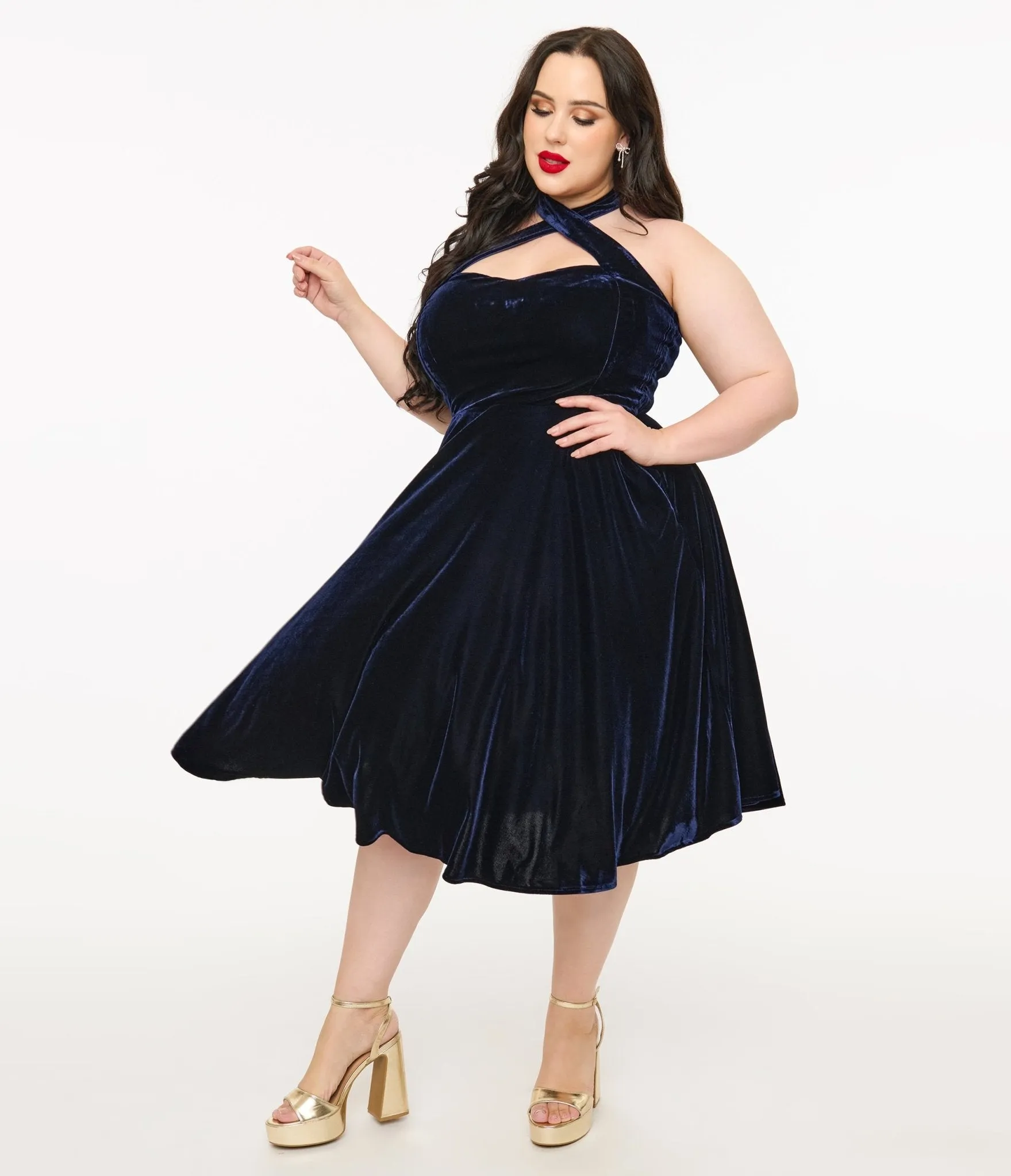 Unique Vintage Plus Size 1950s Navy Velvet Criss Cross Halter Rita Flare Dress Casual Everyday Look
