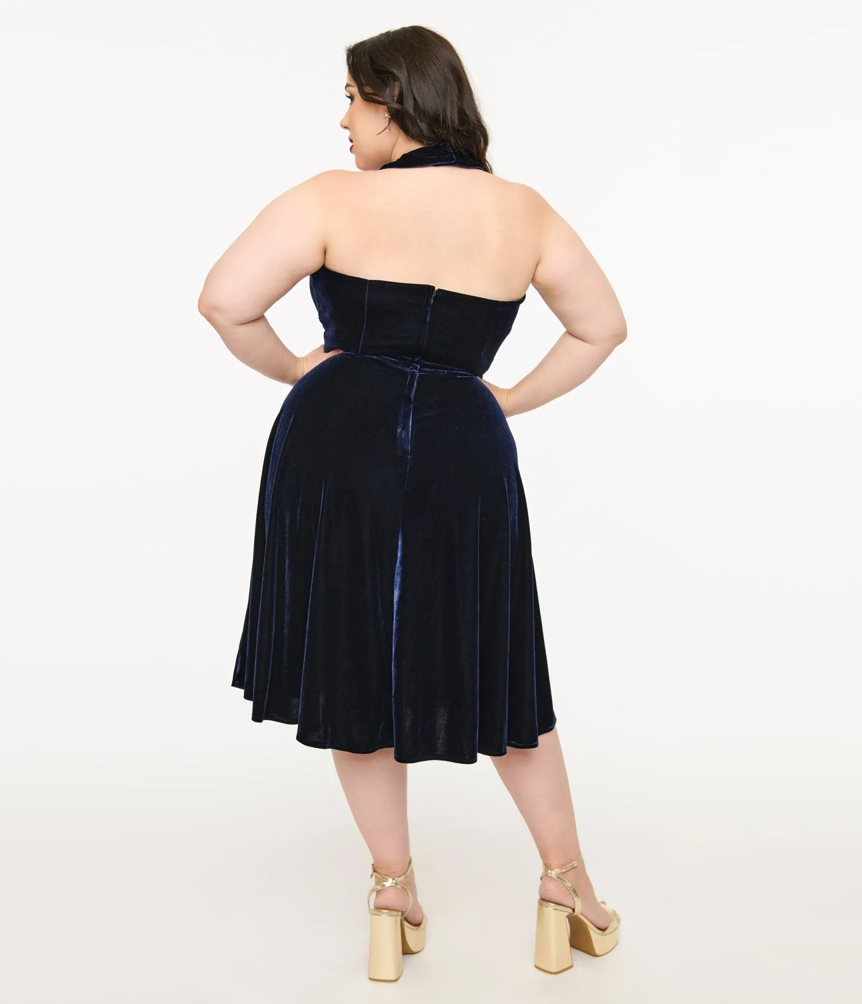 Unique Vintage Plus Size 1950s Navy Velvet Criss Cross Halter Rita Flare Dress Casual Everyday Look