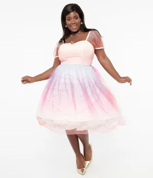 Unique Vintage Plus Size 1950s Pastel Rainbow Ombre Clip Dot Tulle Sweetheart Fit & Flare Dress Casual Everyday Look