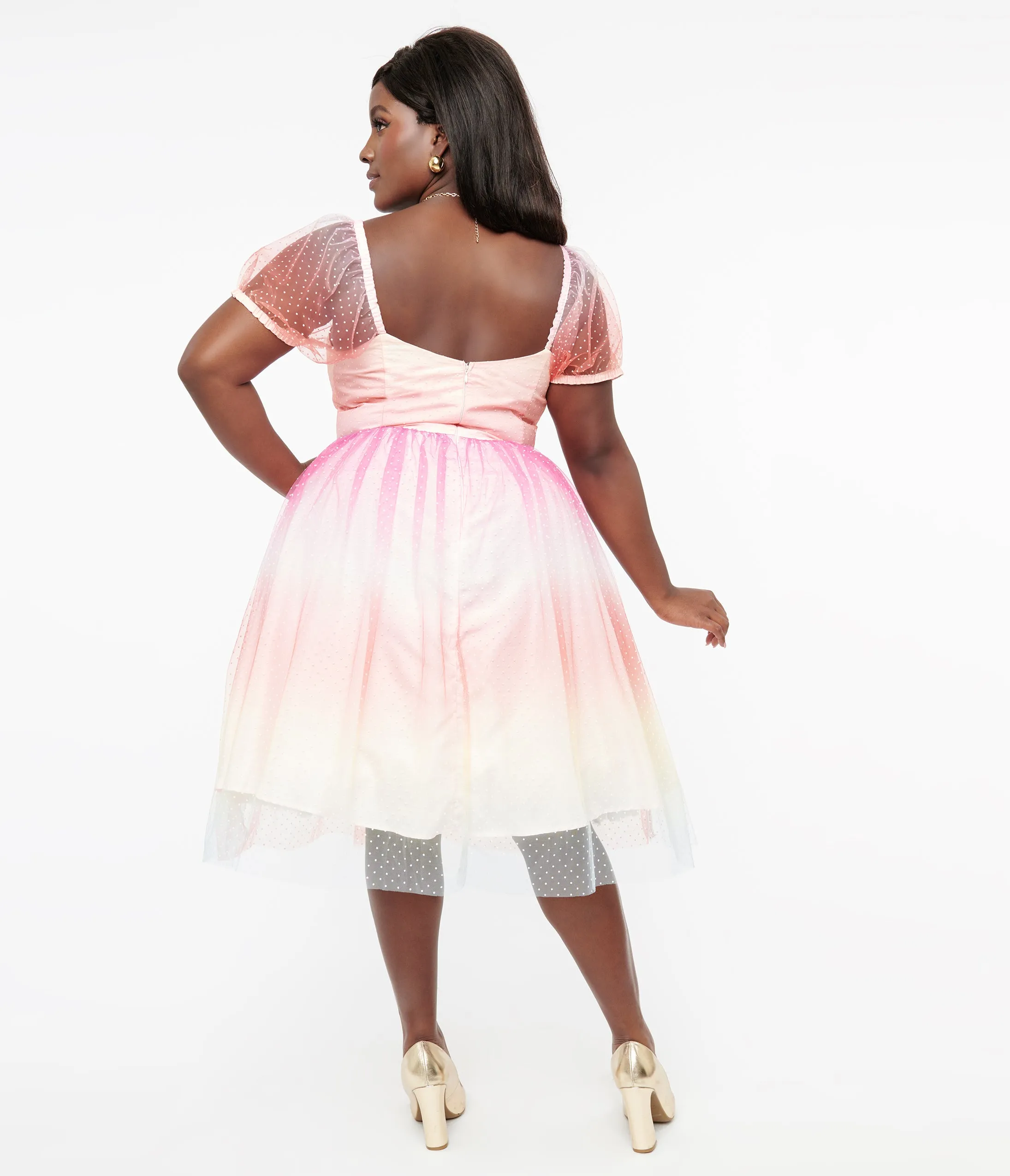 Unique Vintage Plus Size 1950s Pastel Rainbow Ombre Clip Dot Tulle Sweetheart Fit & Flare Dress Casual Everyday Look