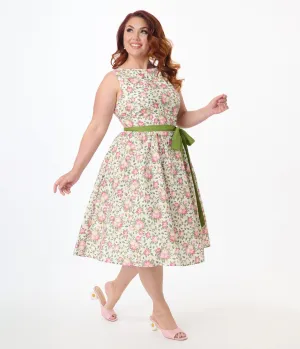 Unique Vintage Plus Size 1950s Pink & Green Floral Sleeveless Cotton Swing Dress Casual Everyday Look