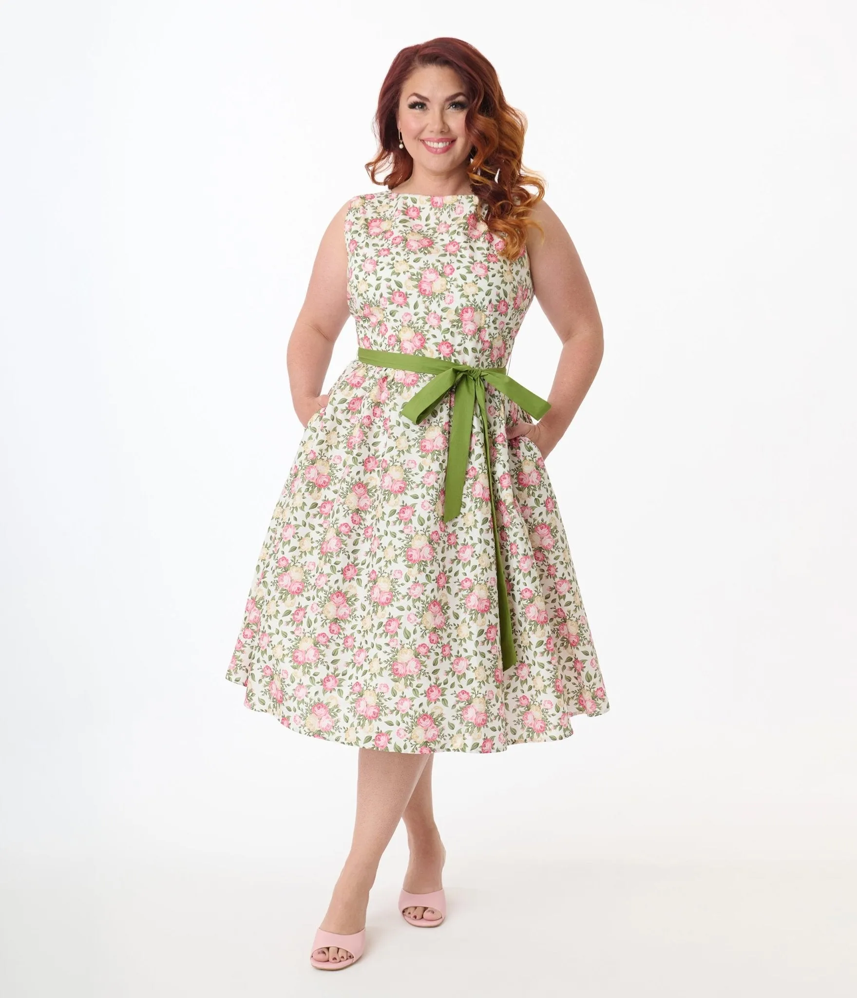 Unique Vintage Plus Size 1950s Pink & Green Floral Sleeveless Cotton Swing Dress Casual Everyday Look