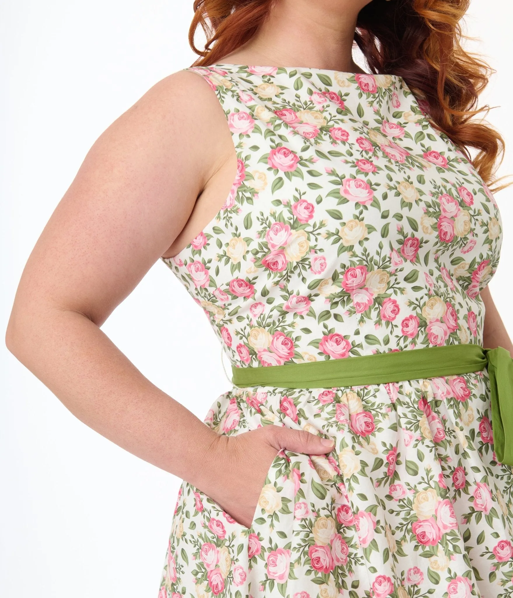 Unique Vintage Plus Size 1950s Pink & Green Floral Sleeveless Cotton Swing Dress Casual Everyday Look