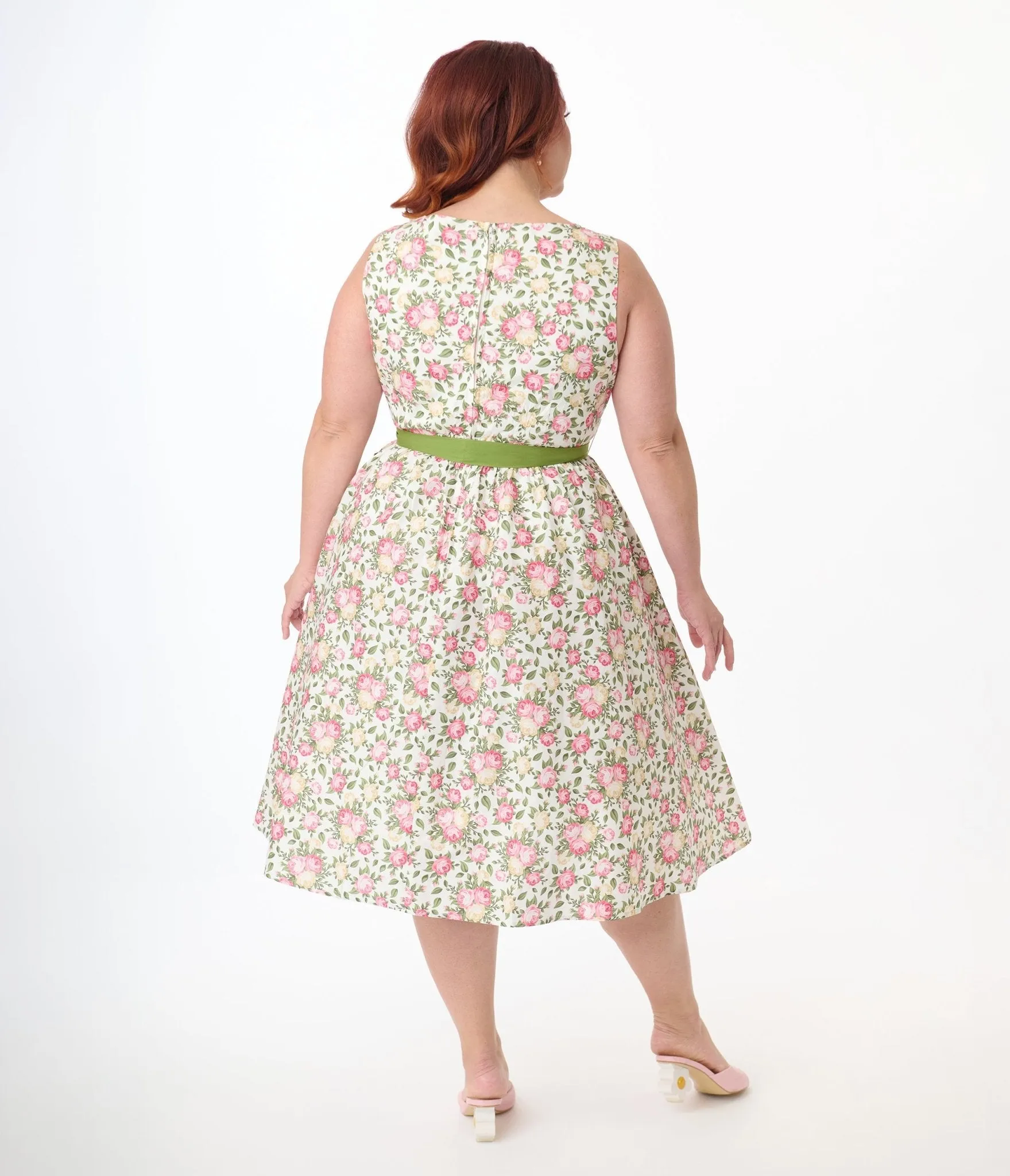 Unique Vintage Plus Size 1950s Pink & Green Floral Sleeveless Cotton Swing Dress Casual Everyday Look