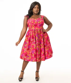 Unique Vintage Plus Size 1950s Pink & Red Floral Sleeveless Swing Dress Casual Everyday Look