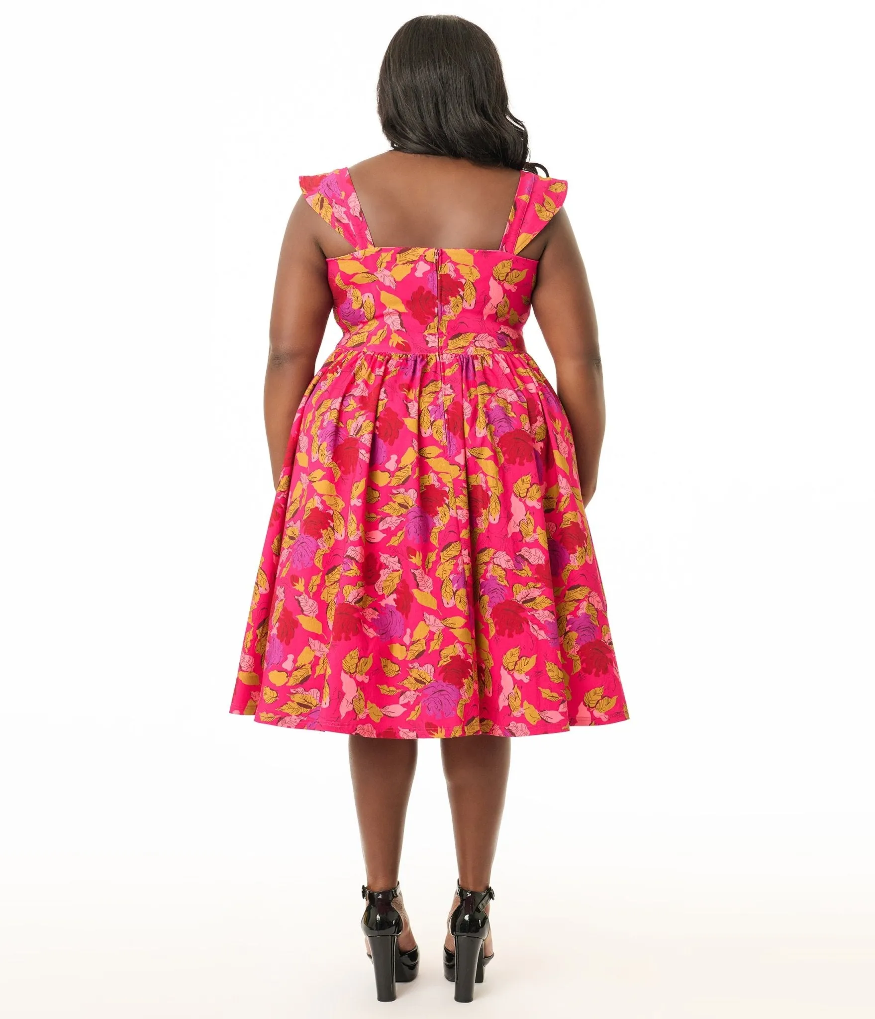 Unique Vintage Plus Size 1950s Pink & Red Floral Sleeveless Swing Dress Casual Everyday Look