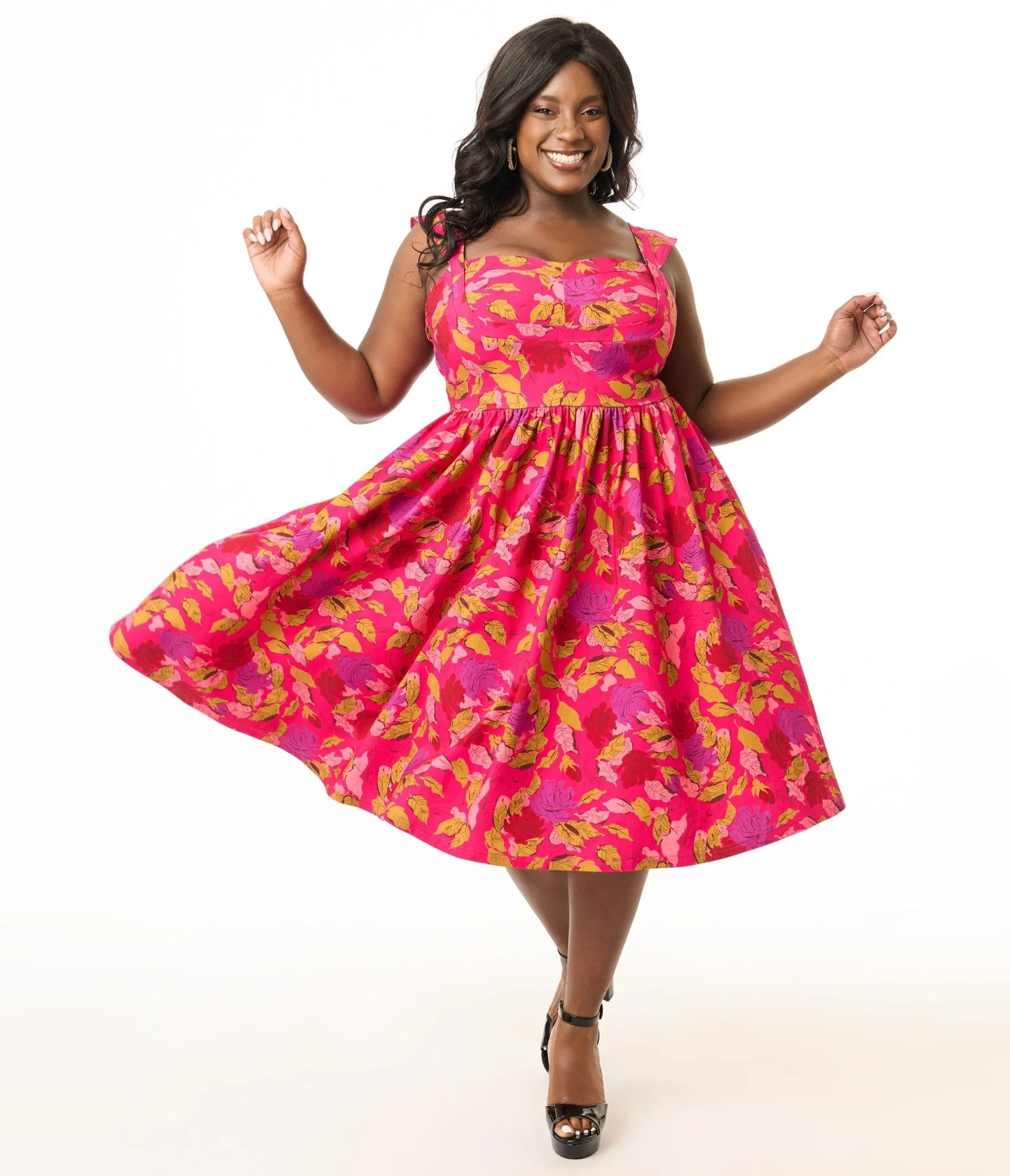 Unique Vintage Plus Size 1950s Pink & Red Floral Sleeveless Swing Dress Casual Everyday Look