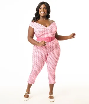 Unique Vintage Plus Size 1950s Pink & White Gingham Rachelle Capri Pants Comfortable Travel Wear