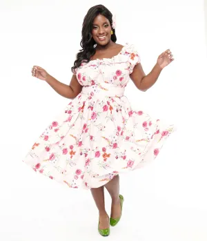 Unique Vintage Plus Size 1950s Pink Floral Off The Shoulder Ruffle Swing Dress Casual Everyday Look