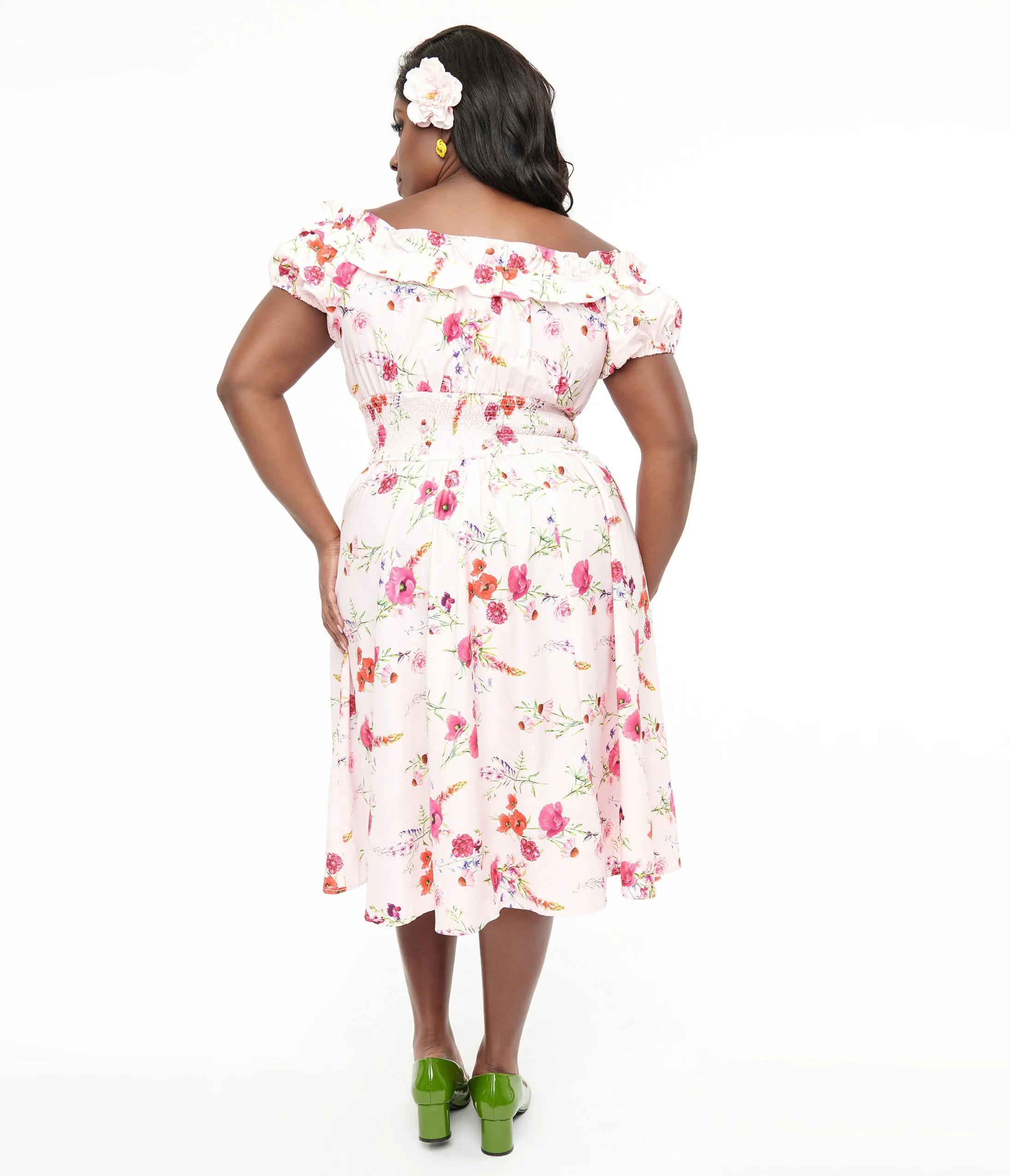 Unique Vintage Plus Size 1950s Pink Floral Off The Shoulder Ruffle Swing Dress Casual Everyday Look