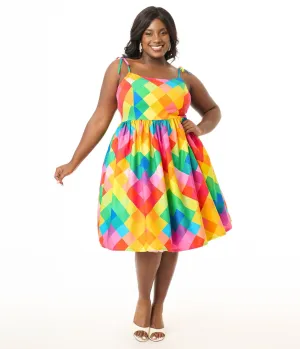 Unique Vintage Plus Size 1950s Rainbow Chevron Cotton Bobbie Swing Dress Casual Everyday Look