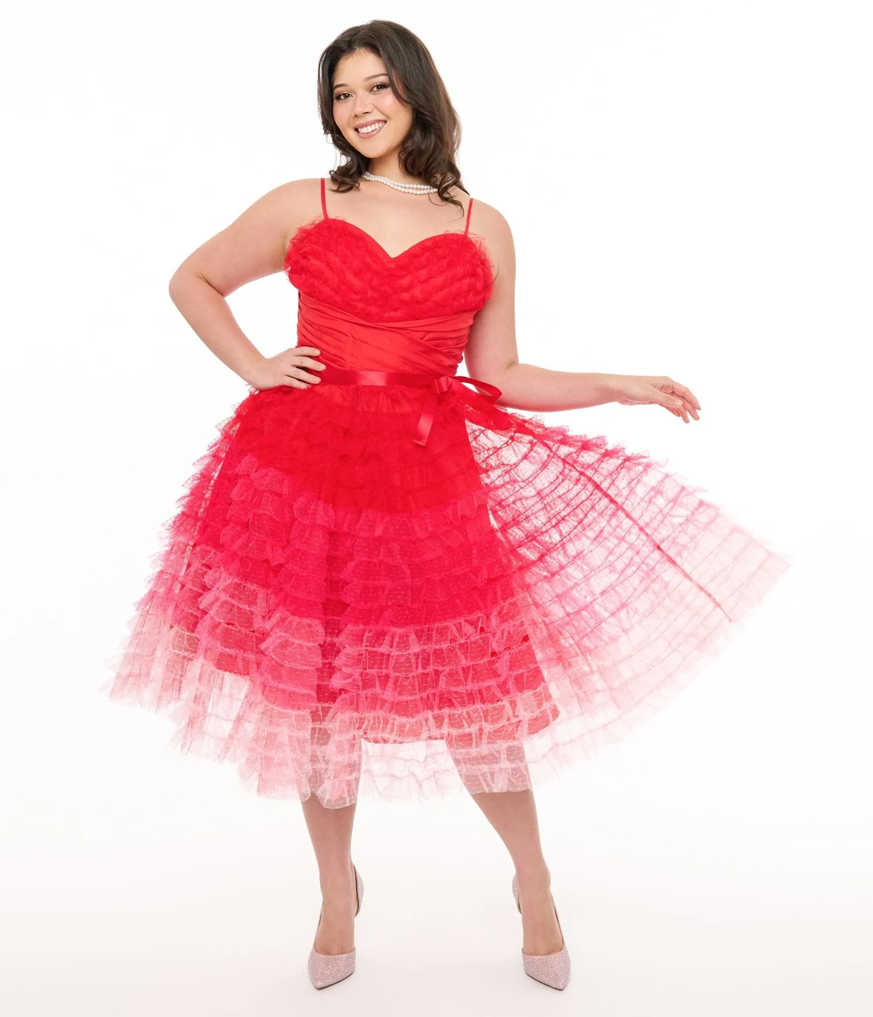 Unique Vintage Plus Size 1950s Red & Pink Ombre Tulle Cupcake Swing Dress Casual Everyday Look