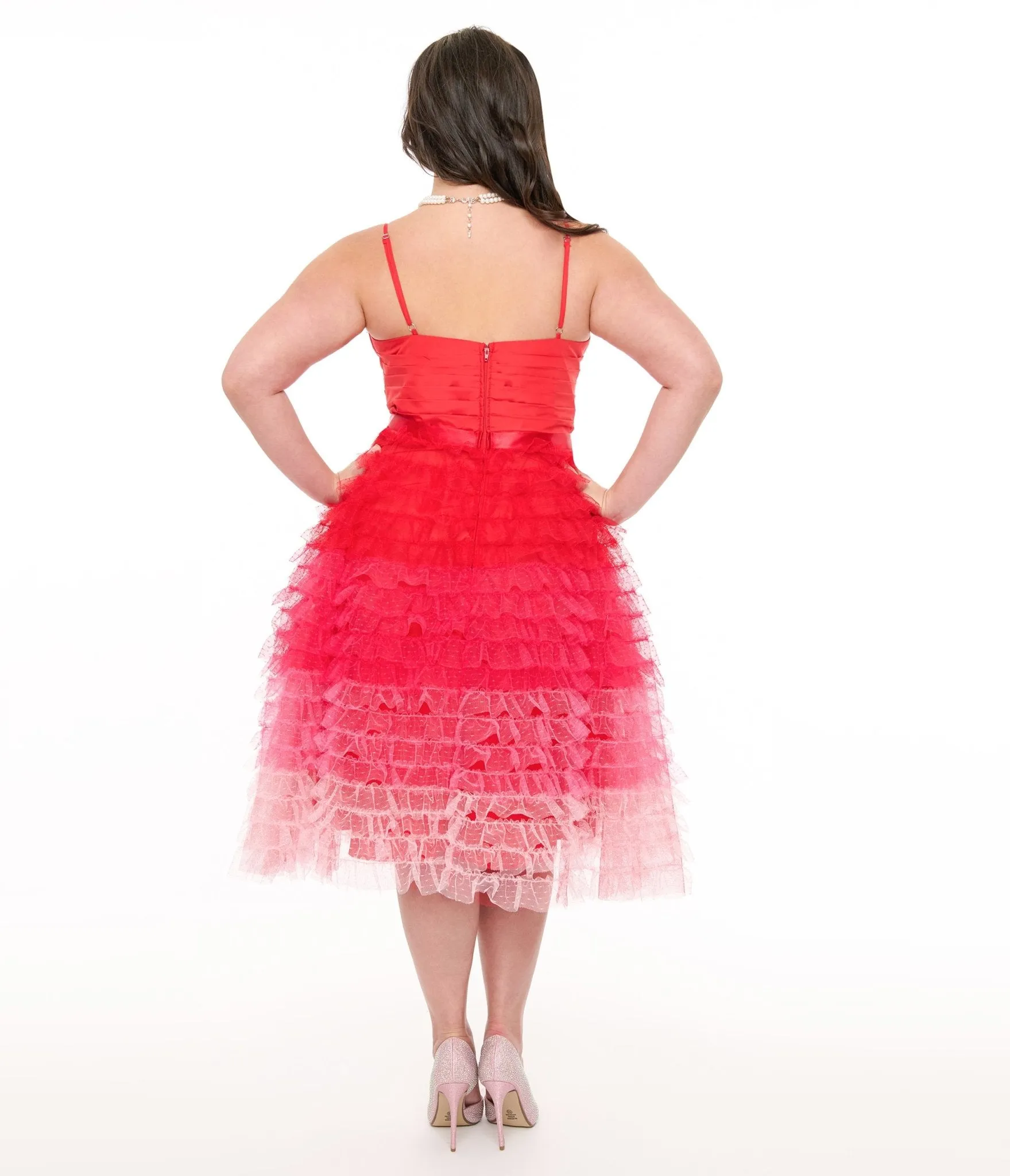 Unique Vintage Plus Size 1950s Red & Pink Ombre Tulle Cupcake Swing Dress Casual Everyday Look