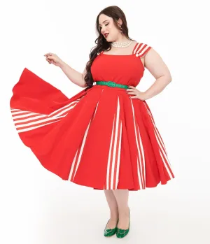 Unique Vintage Plus Size 1950s Red & White Stripe Swing Dress Casual Everyday Look