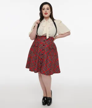 Unique Vintage Plus Size 1950s Red Bias Plaid Suspender Flare Skirt Comfortable Travel Wear