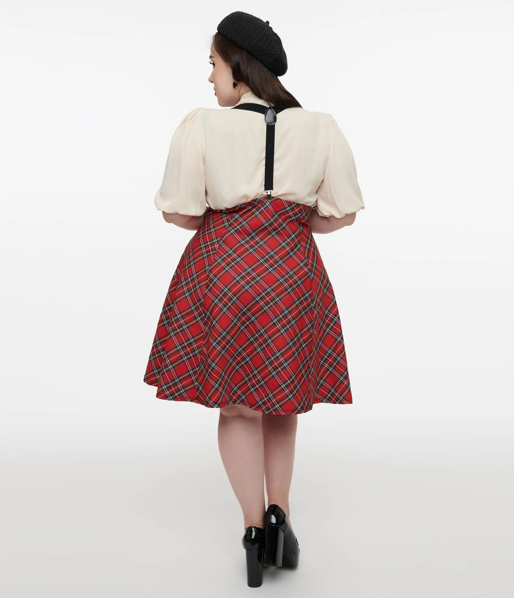 Unique Vintage Plus Size 1950s Red Bias Plaid Suspender Flare Skirt Comfortable Travel Wear