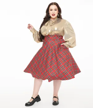 Unique Vintage Plus Size 1950s Red Plaid High Waist Vivien Swing Skirt Comfortable Travel Wear