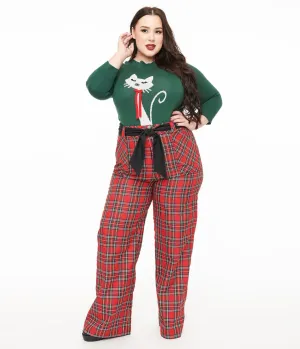 Unique Vintage Plus Size 1950s Red Plaid Wide Leg Trousers Comfortable Travel Wear