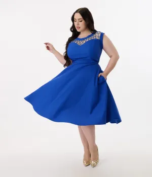 Unique Vintage Plus Size 1950s Royal Blue Diamond Cable Swing Dress Casual Everyday Look