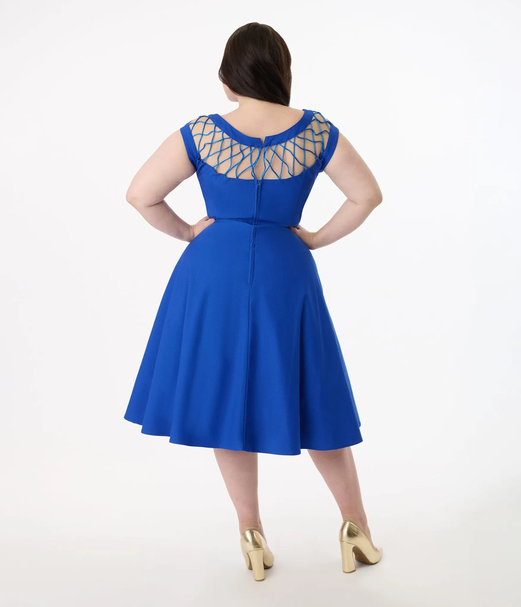 Unique Vintage Plus Size 1950s Royal Blue Diamond Cable Swing Dress Casual Everyday Look