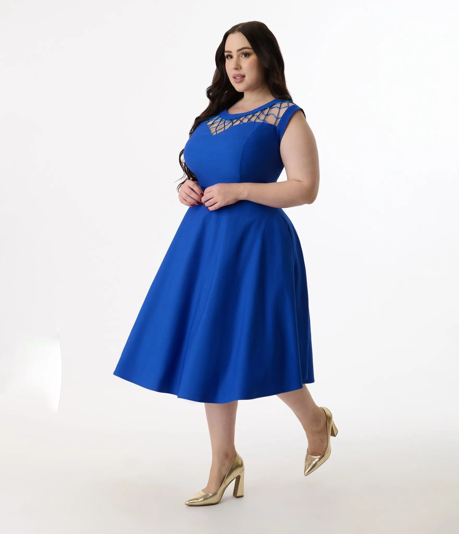 Unique Vintage Plus Size 1950s Royal Blue Diamond Cable Swing Dress Casual Everyday Look