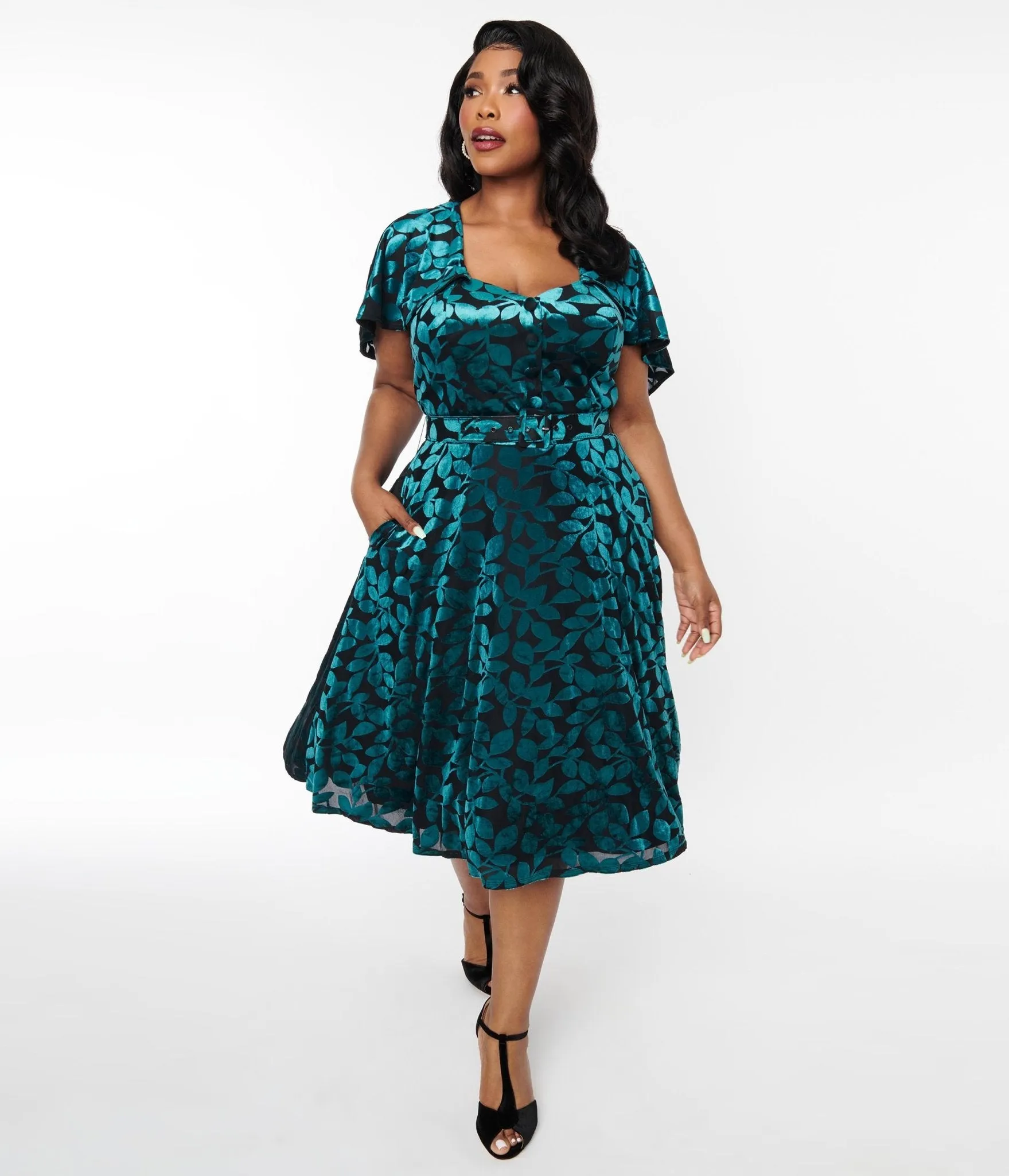 Unique Vintage Plus Size 1950s Teal & Black Velvet Burnout Capelet Swing Dress Casual Everyday Look