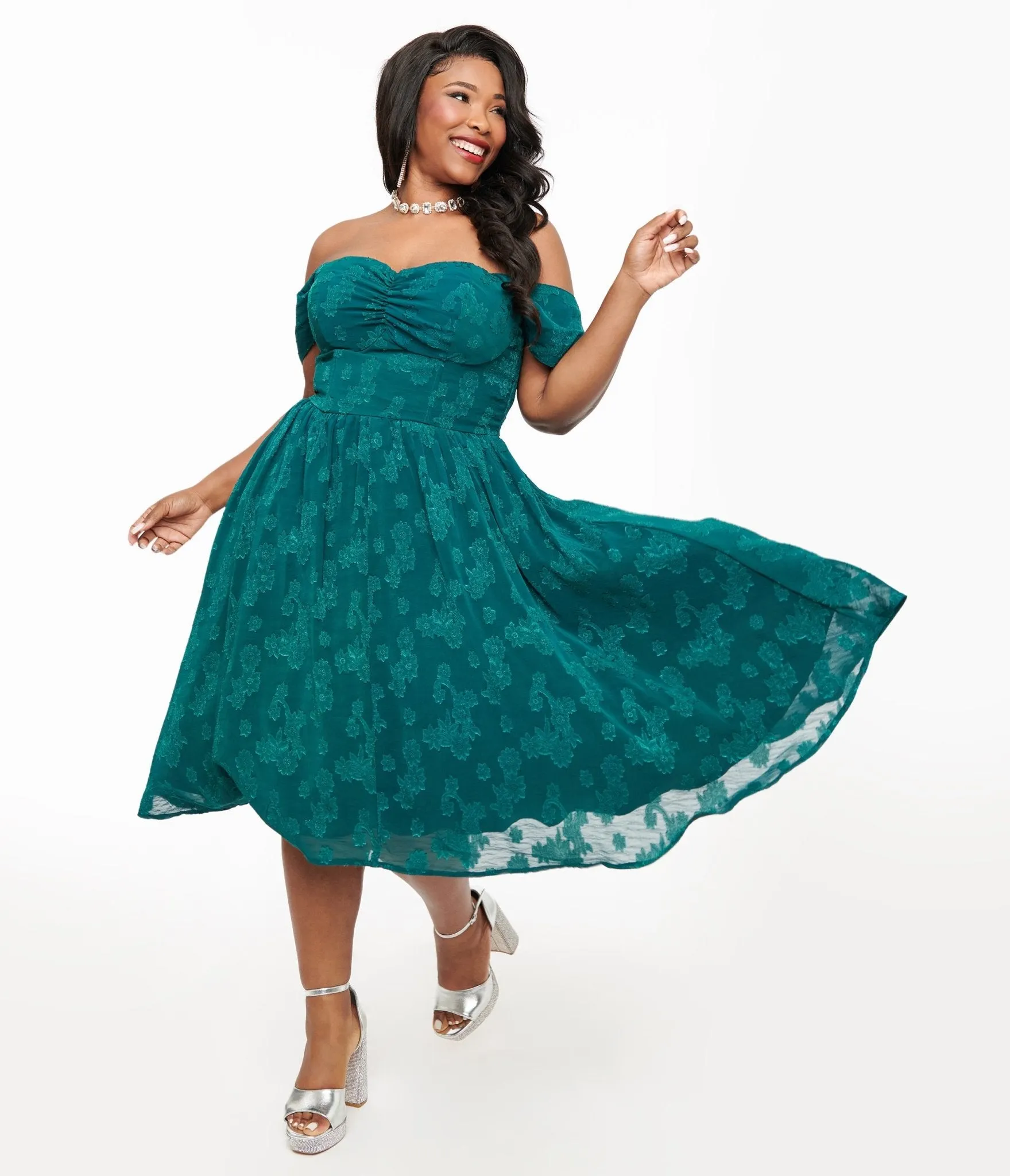 Unique Vintage Plus Size 1950s Teal Jacquard Off Shoulder Flare Dress Casual Everyday Look