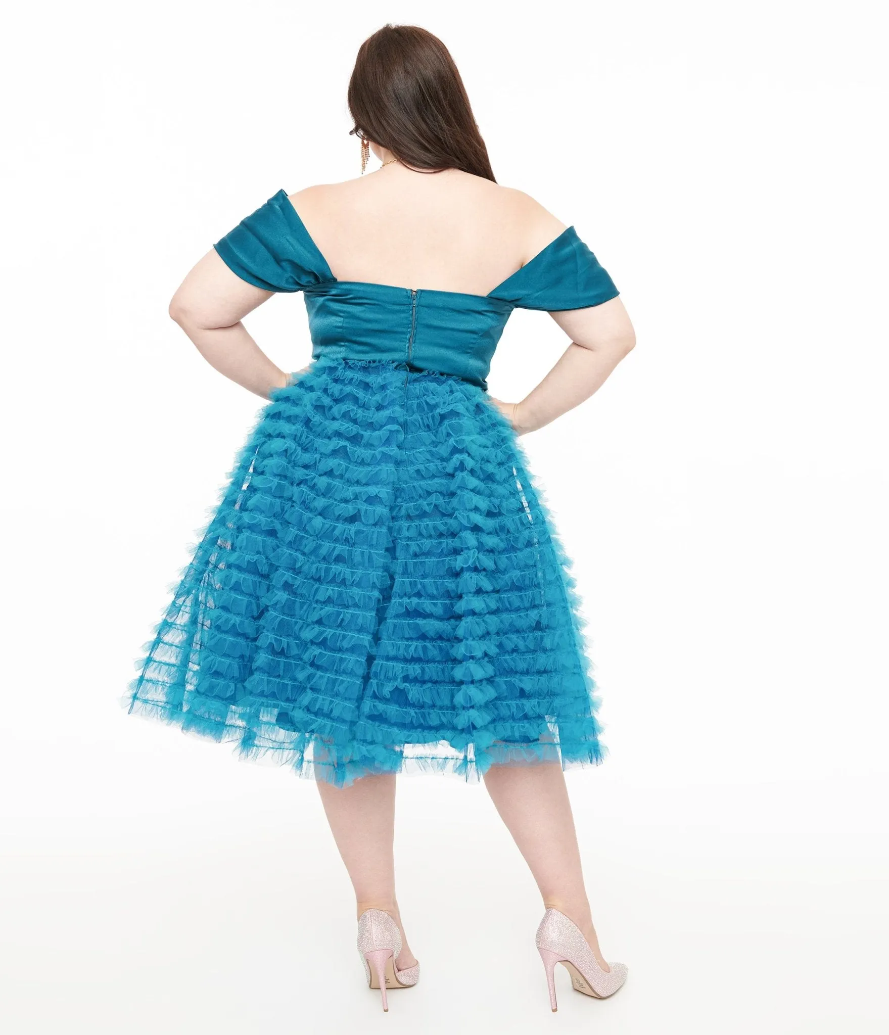 Unique Vintage Plus Size 1950s Teal Mesh Tulle Off The Shoulder Swing Dress Casual Everyday Look