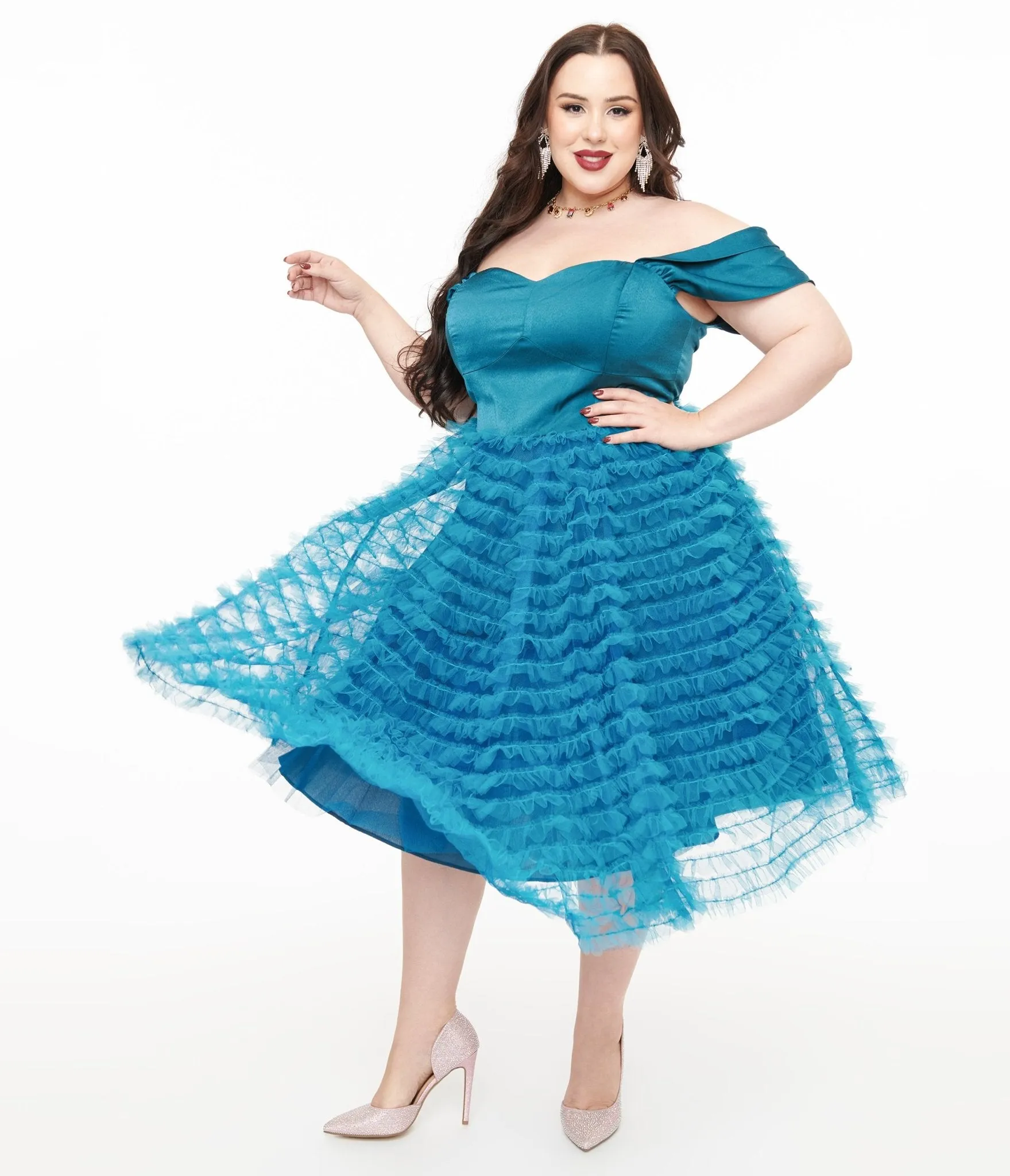 Unique Vintage Plus Size 1950s Teal Mesh Tulle Off The Shoulder Swing Dress Casual Everyday Look