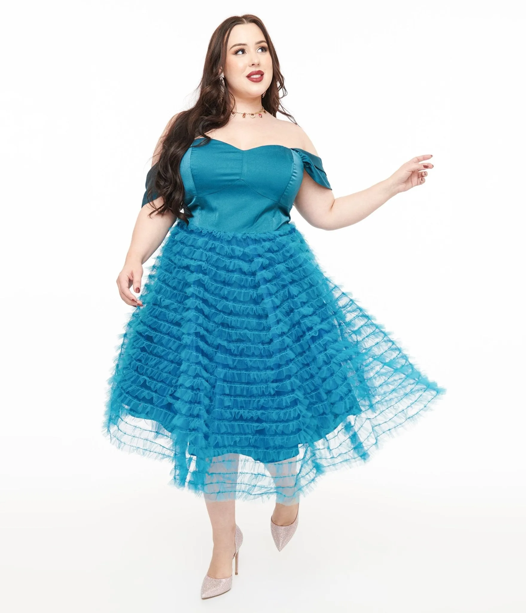 Unique Vintage Plus Size 1950s Teal Mesh Tulle Off The Shoulder Swing Dress Casual Everyday Look
