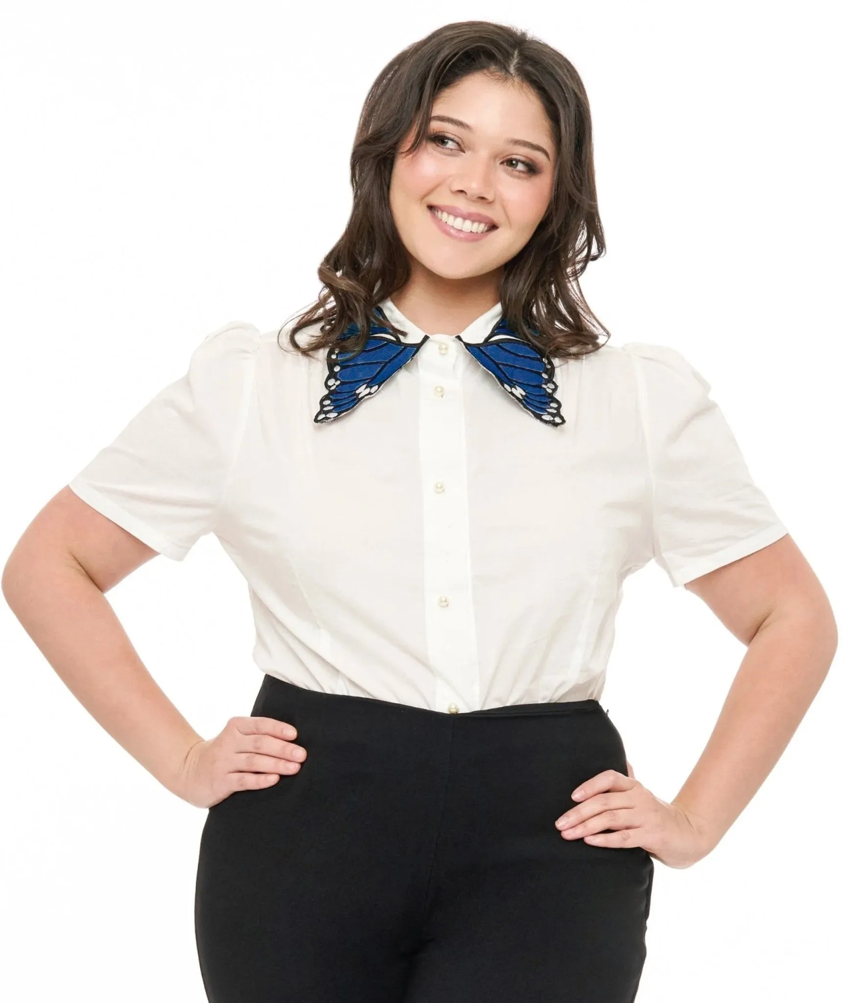 Unique Vintage Plus Size 1950s White & Blue Butterfly Collar Cotton Blouse Easy Date Night