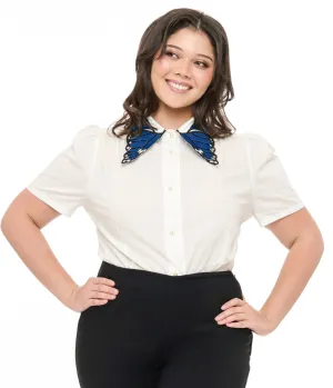Unique Vintage Plus Size 1950s White & Blue Butterfly Collar Cotton Blouse Easy Date Night