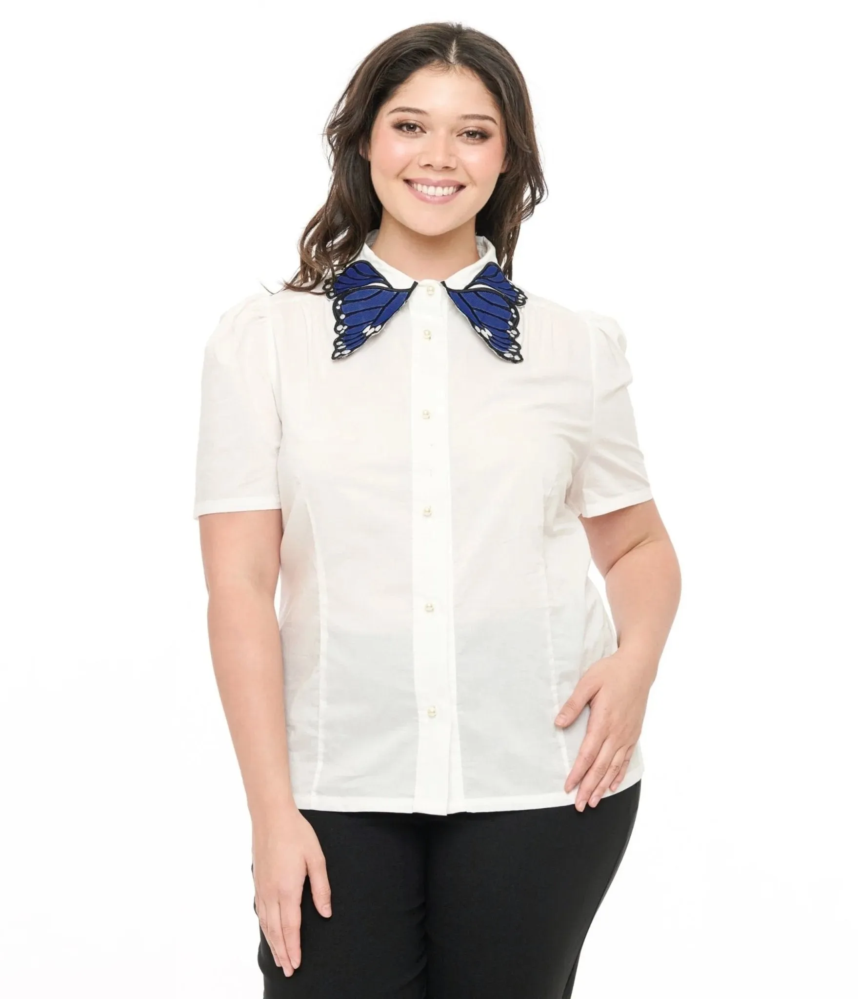Unique Vintage Plus Size 1950s White & Blue Butterfly Collar Cotton Blouse Easy Date Night