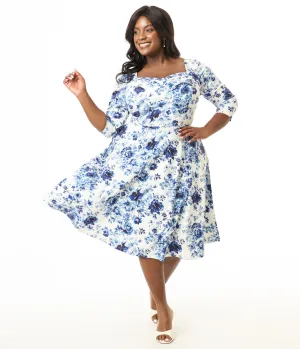 Unique Vintage Plus Size 1950s White & Blue Floral Pleated Bust Swing Dress Casual Everyday Look