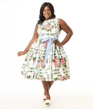 Unique Vintage Plus Size 1950s White & Pink Rose Floral Sleeveless Cotton Swing Dress Casual Everyday Look