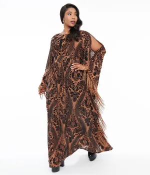 Unique Vintage Plus Size 1960s Black & Nude Floral Fringe Flutter Sleeve Caftan Casual Everyday Look