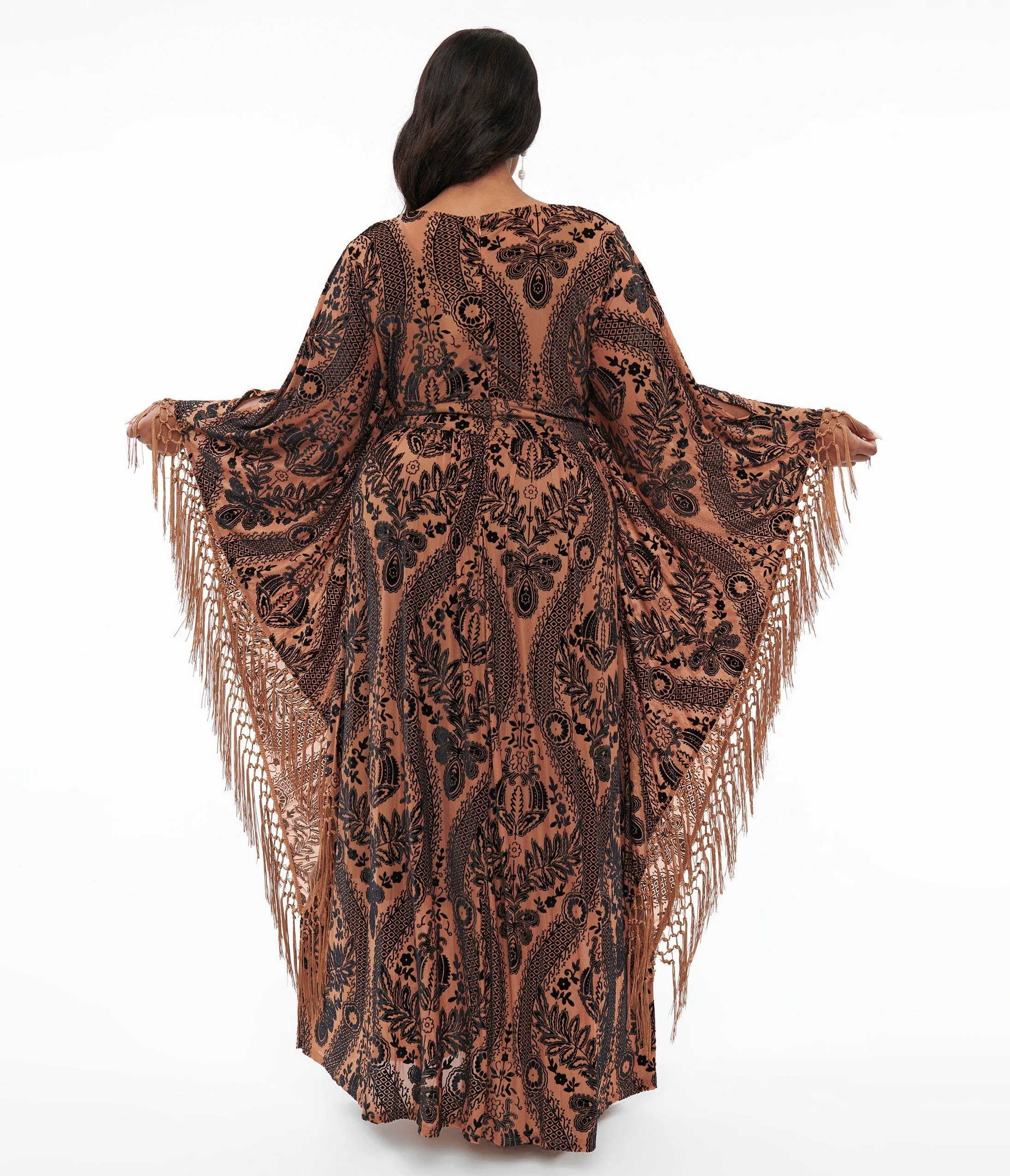 Unique Vintage Plus Size 1960s Black & Nude Floral Fringe Flutter Sleeve Caftan Casual Everyday Look