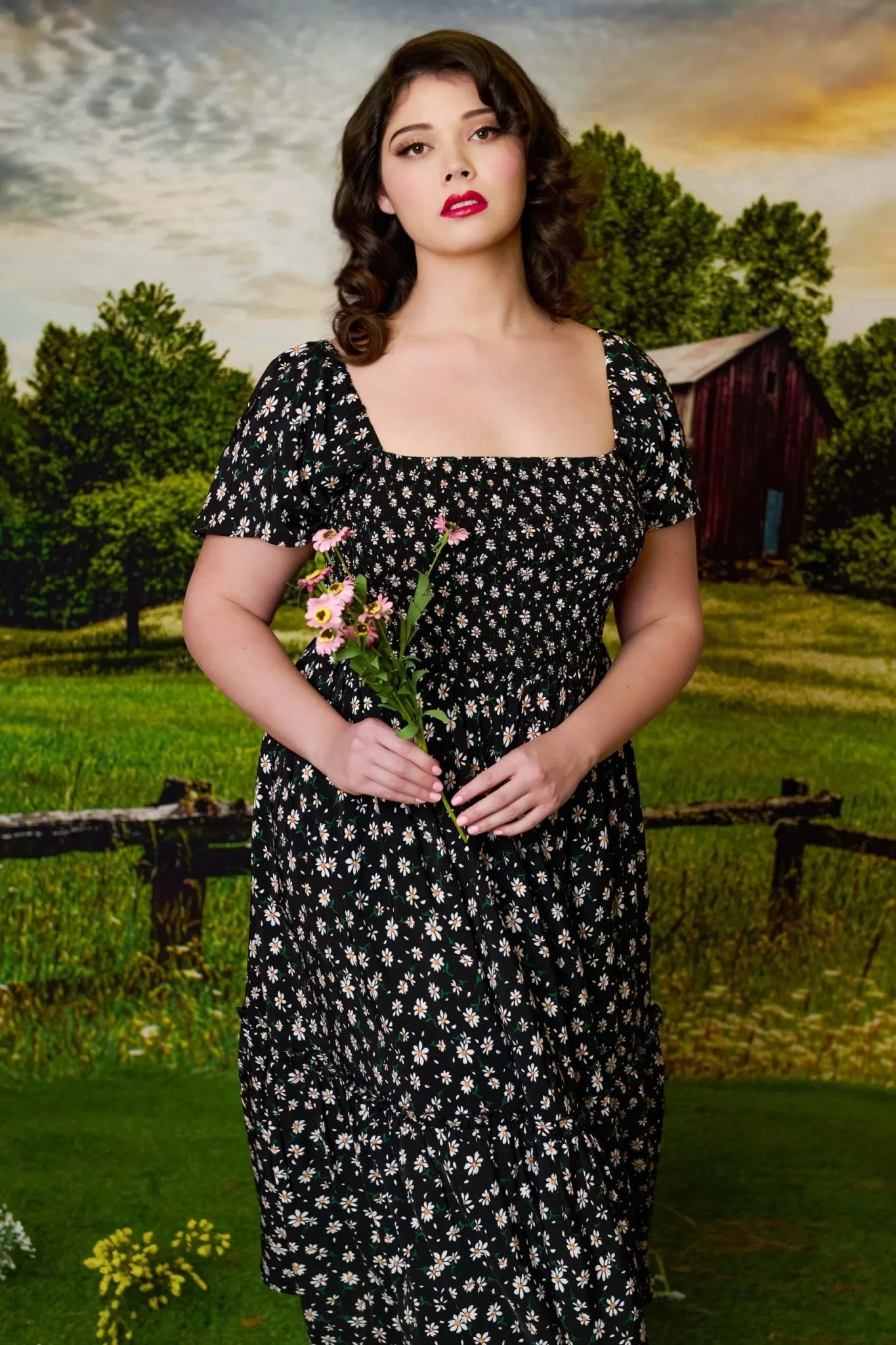 Unique Vintage Plus Size 1960s Black & White Ditsy Floral Smocked Bodice Midi Dress Casual Everyday Look