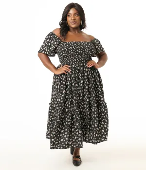 Unique Vintage Plus Size 1960s Black & White Ditsy Floral Smocked Bodice Midi Dress Casual Everyday Look