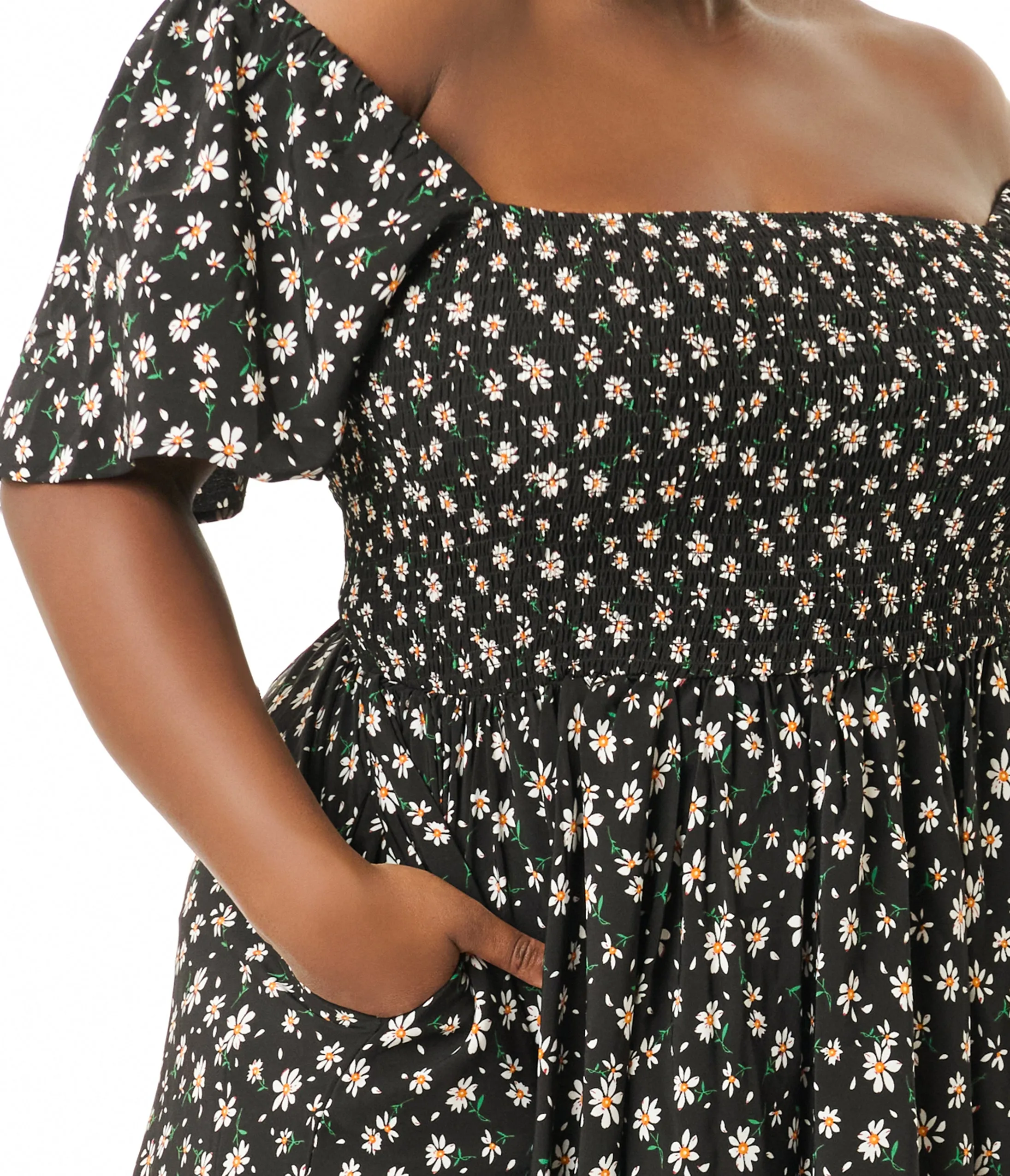 Unique Vintage Plus Size 1960s Black & White Ditsy Floral Smocked Bodice Midi Dress Casual Everyday Look