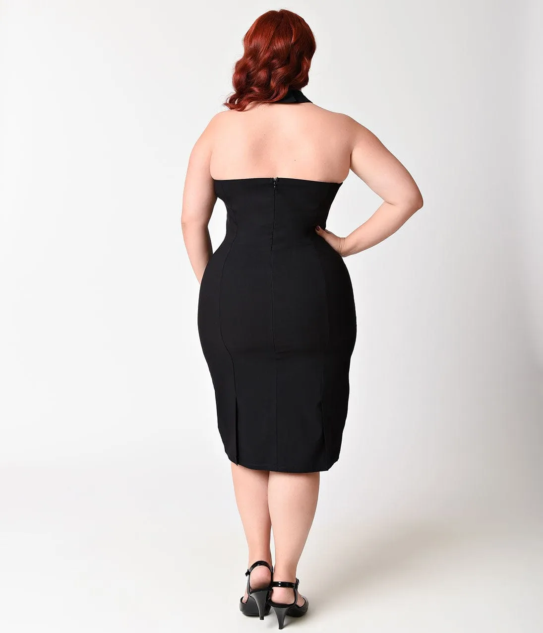Unique Vintage Plus Size 1960s Black Criss Cross Halter Penelope Wiggle Dress Casual Everyday Look