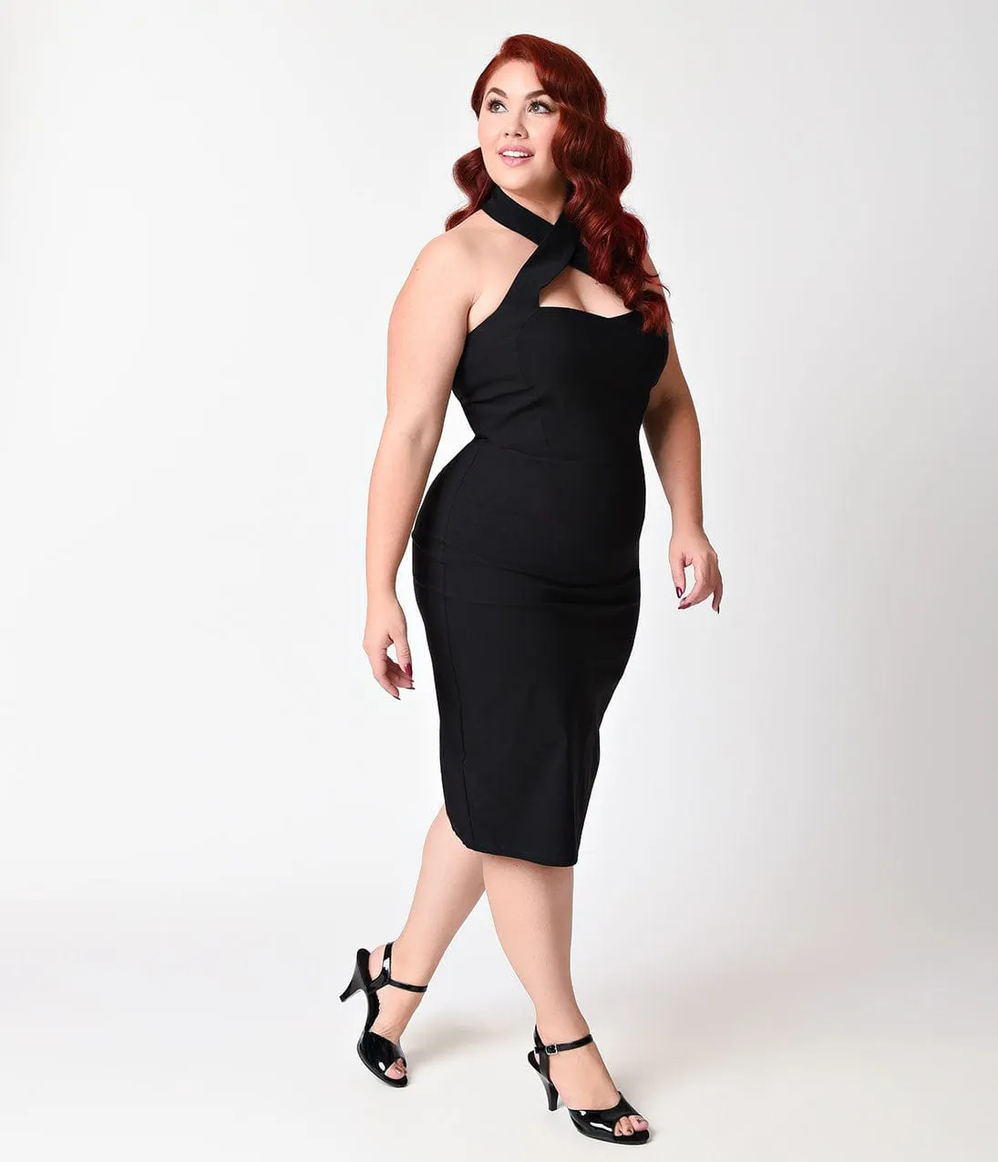Unique Vintage Plus Size 1960s Black Criss Cross Halter Penelope Wiggle Dress Casual Everyday Look