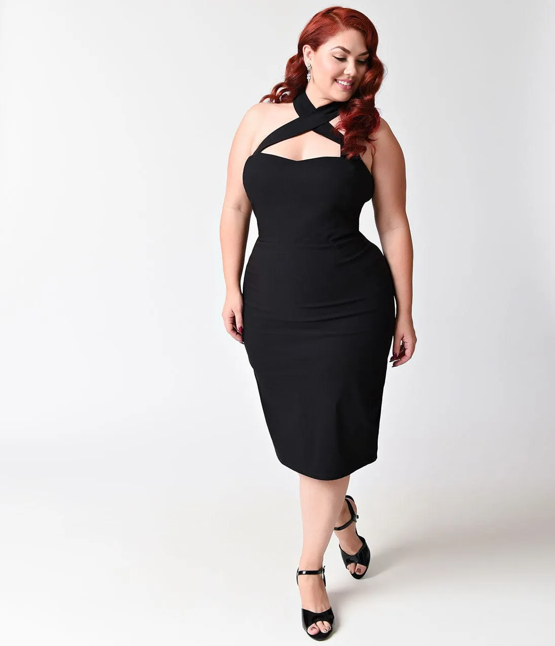 Unique Vintage Plus Size 1960s Black Criss Cross Halter Penelope Wiggle Dress Casual Everyday Look