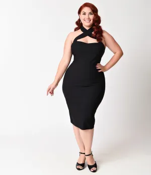 Unique Vintage Plus Size 1960s Black Criss Cross Halter Penelope Wiggle Dress Casual Everyday Look