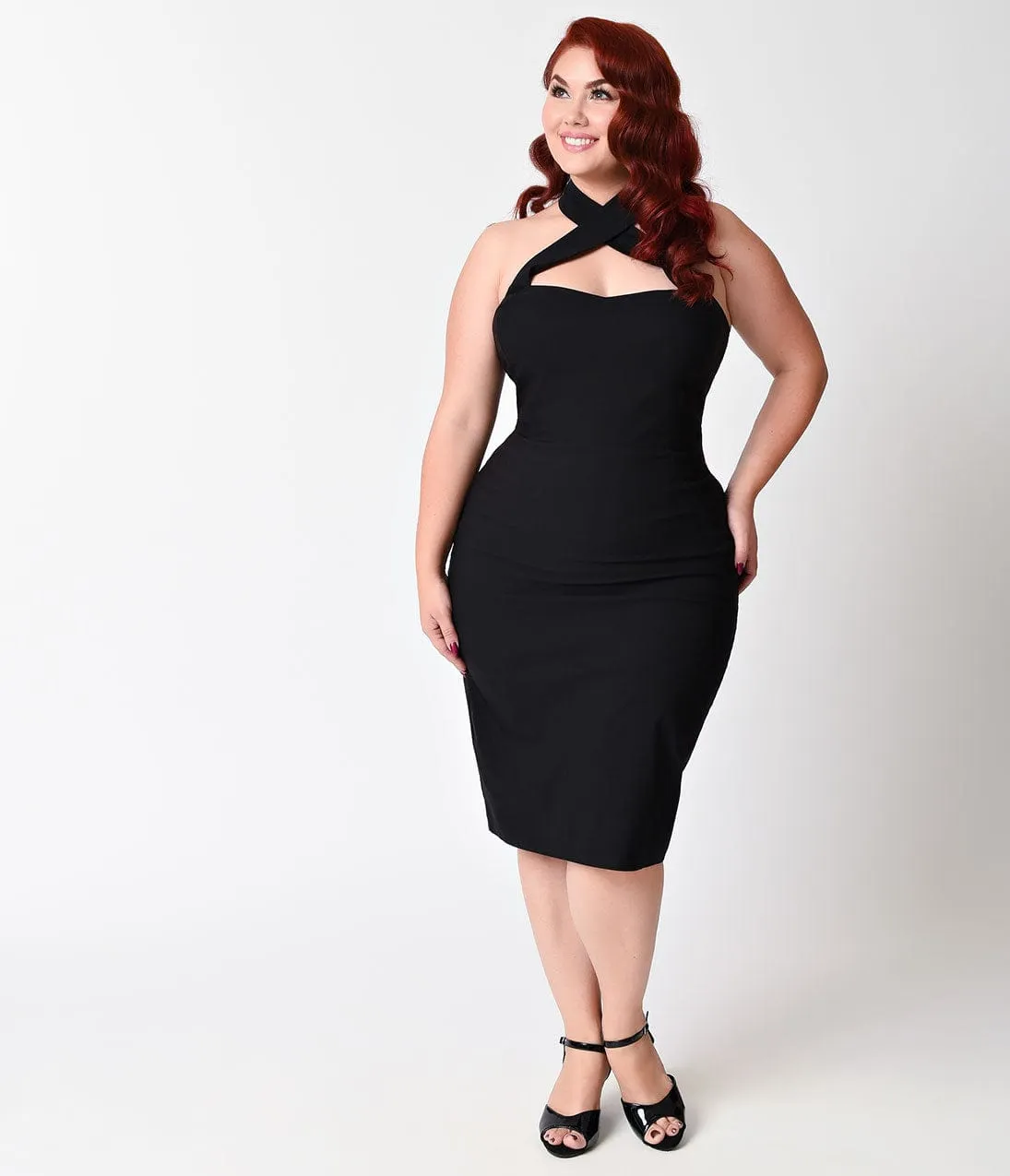 Unique Vintage Plus Size 1960s Black Criss Cross Halter Penelope Wiggle Dress Casual Everyday Look