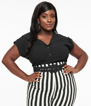 Unique Vintage Plus Size 1960s Black Twill Sleeveless Blouse Easy Date Night