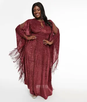 Unique Vintage Plus Size 1960s Burgundy Velvet Burnout Caftan Casual Everyday Look