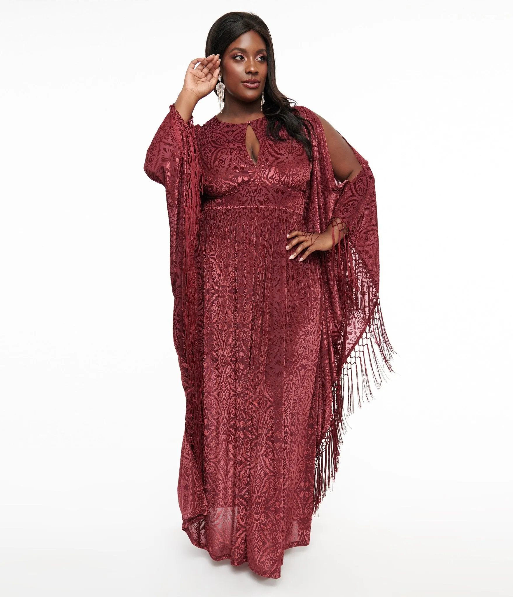Unique Vintage Plus Size 1960s Burgundy Velvet Burnout Caftan Casual Everyday Look